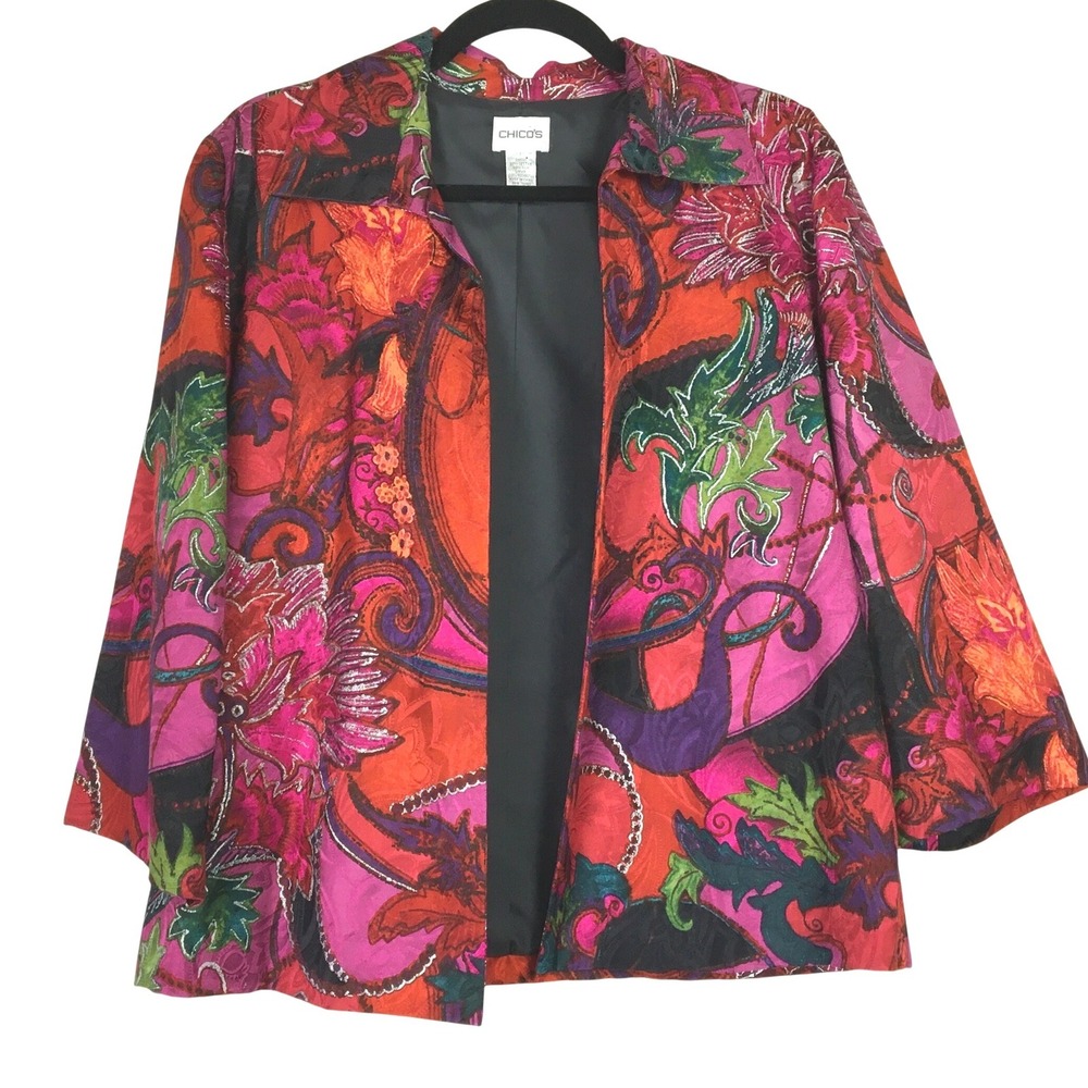 Chicos Silk Blend Floral Paisley Open Front Jacket Metallic Silver Size 2